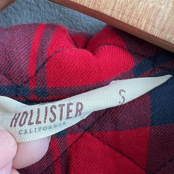 Hollister Olive Green Anorak Jacket Flannel-Lined Coat Small Red Plaid Lining - Picture 3 of 10